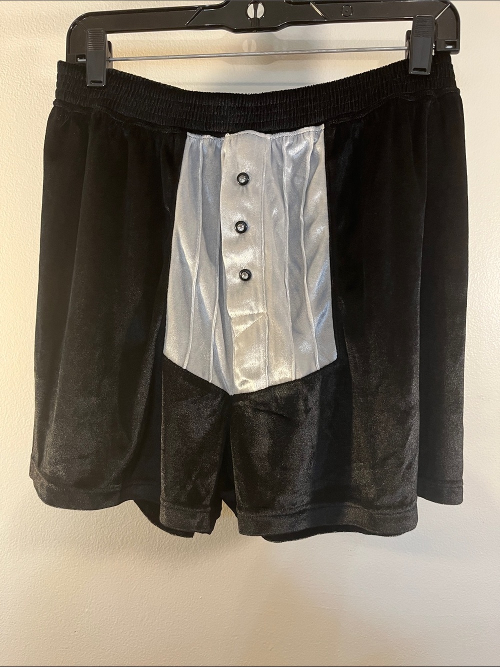 Men's Black Velvet Athletic Shorts with Silver Front Panel